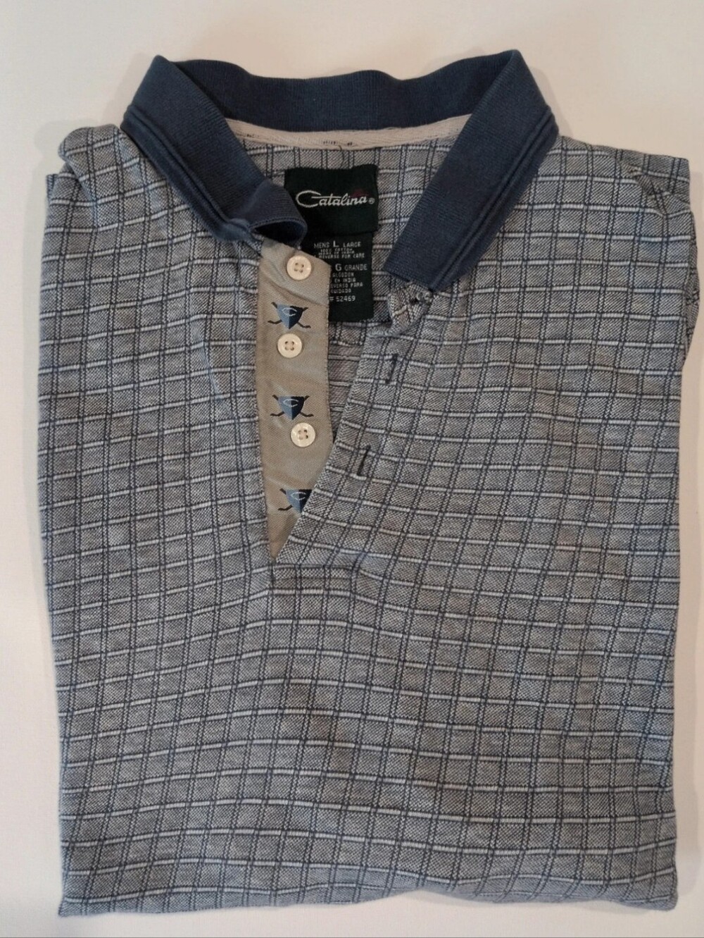 Vintage Catalina Navy Collar Blue Grid Polo